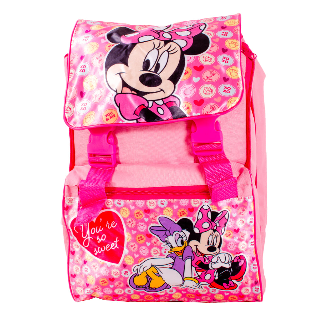 Pink Minnie Mouse kids backpack with flap top, buckle straps, padded back panel and adjustable shoulder straps