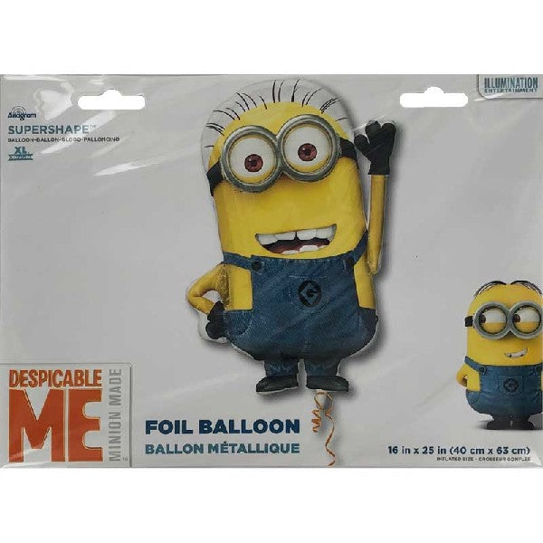 Minion shaped foil balloon with colourful yellow and blue character design
