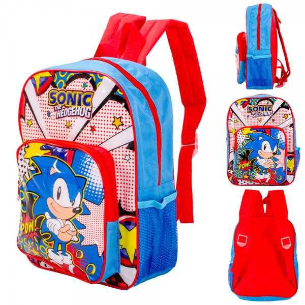 Blue and red Sonic the Hedgehog backpack with front pocket, side mesh bottle holder and padded straps shown from front and back