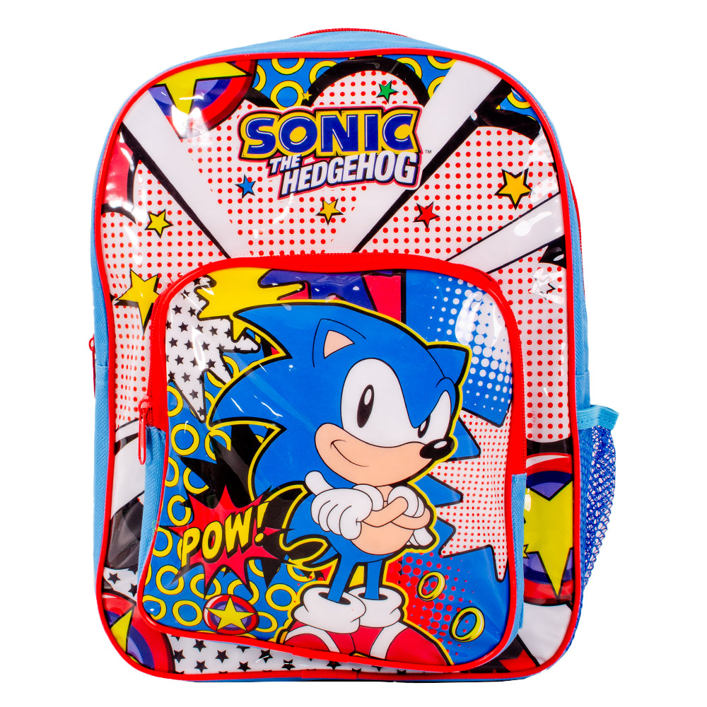 Blue and red Sonic the Hedgehog backpack with front pocket, side mesh bottle holder and padded straps shown from front and back