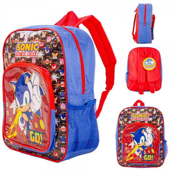 Sonic backpack with clear front pocket, blue and red cartoon school bag