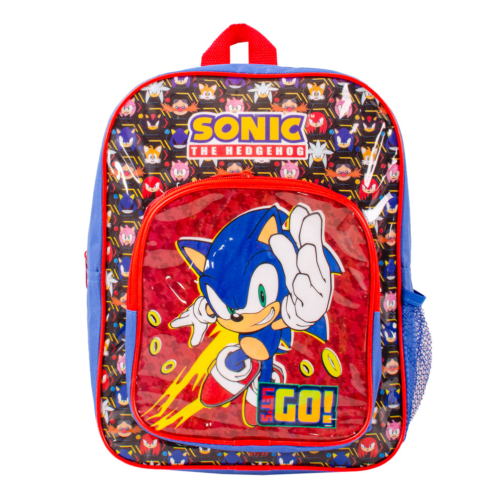Sonic backpack with clear front pocket, blue and red cartoon school bag