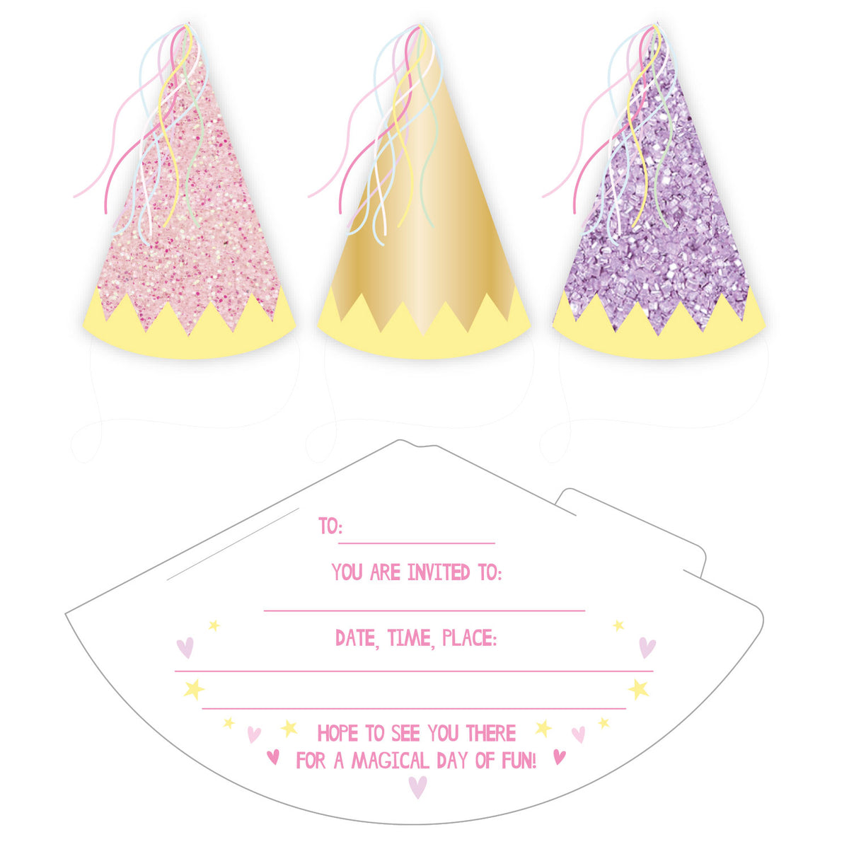 Fairy Princess cone hat invitations pack of 6 with envelopes
