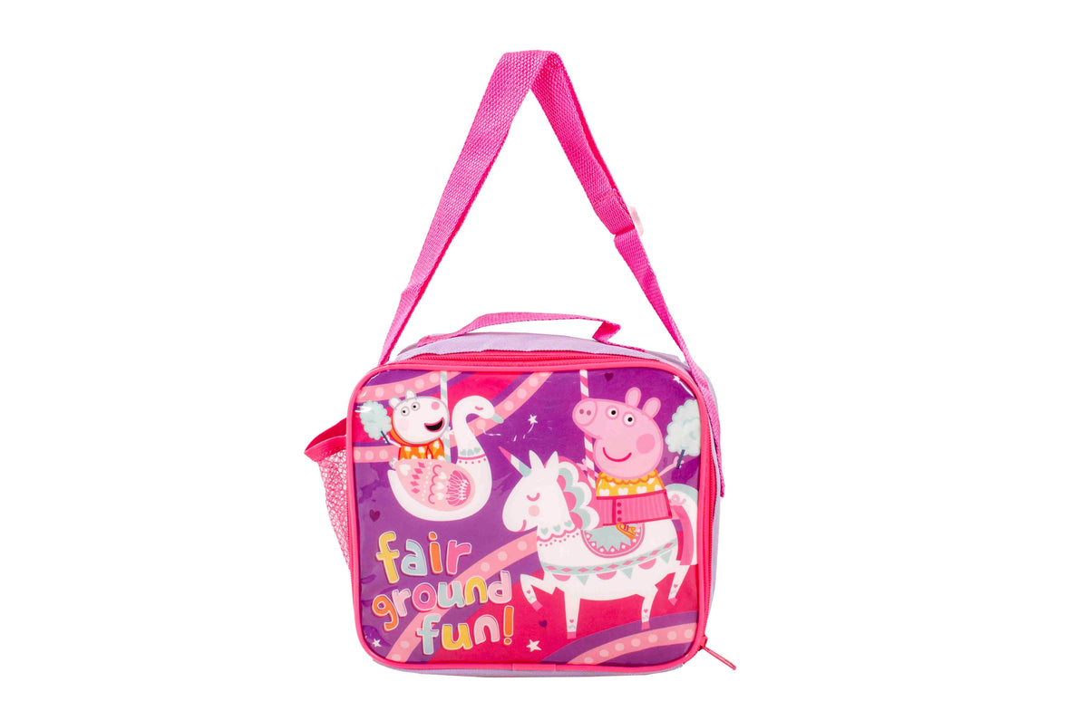 Peppa Pig insulated lunch bag with Fairground Fun design, shoulder strap, purple back panel, and mesh side pocket.

