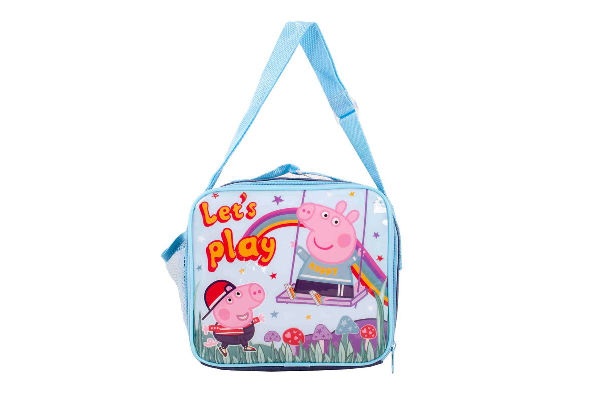 Peppa Pig Let's Play insulated lunch bag in blue with shoulder strap, mesh side pocket, and colourful Peppa and George design.
