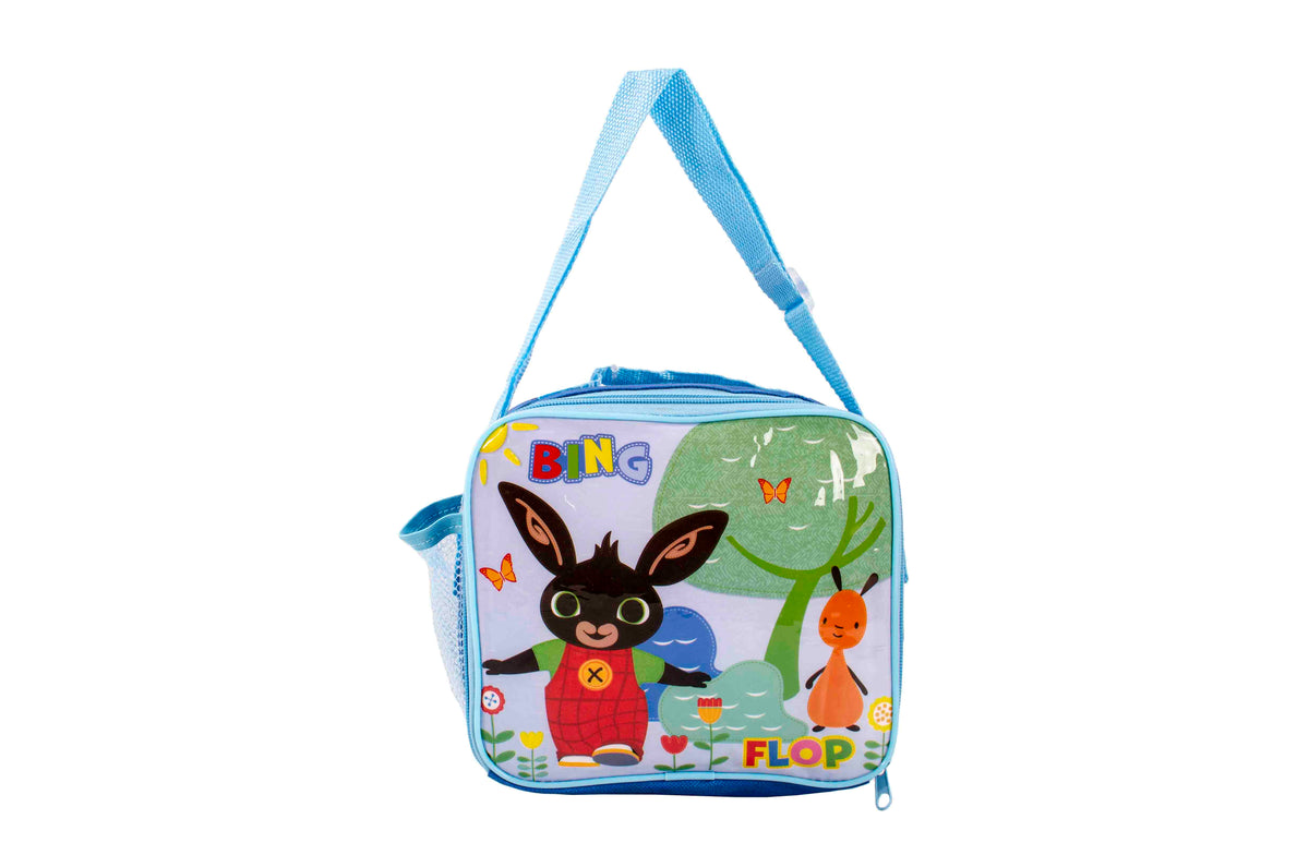 Bing and Flop blue insulated lunch bag with shoulder strap, mesh side pocket, and outdoor Bing character design.

