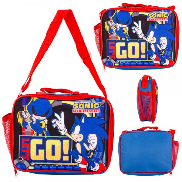 Blue and red Sonic the Hedgehog insulated lunch bag with shoulder strap, carry handle, side mesh pocket and zip closure shown from multiple angles 🦔🥪