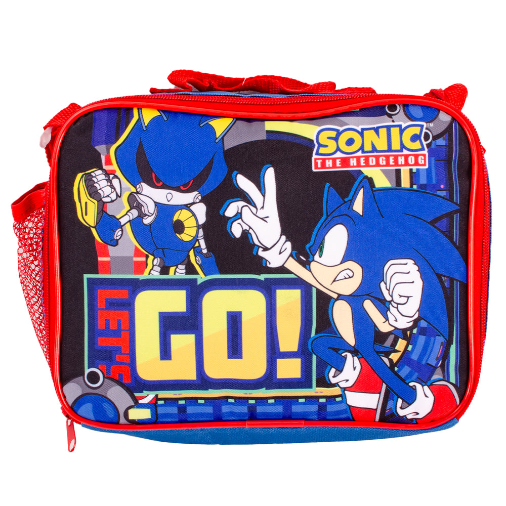 Blue and red Sonic the Hedgehog insulated lunch bag with shoulder strap, carry handle, side mesh pocket and zip closure shown from multiple angles 🦔🥪