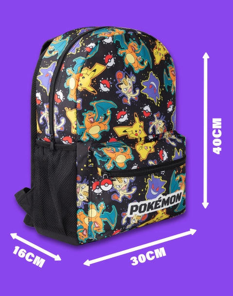 Black Pokémon kids backpack with colourful all-over print featuring Pikachu, Charizard, Gengar, Meowth and Poké Balls.