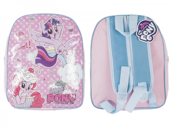 Pink and pastel blue My Little Pony girls backpack featuring colourful pony characters