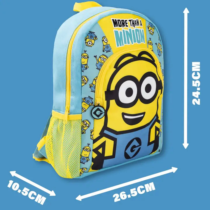 Kids More Than a Minion backpack featuring large Minion character graphic, blue and yellow design, front zip pocket, mesh side pocket and padded straps