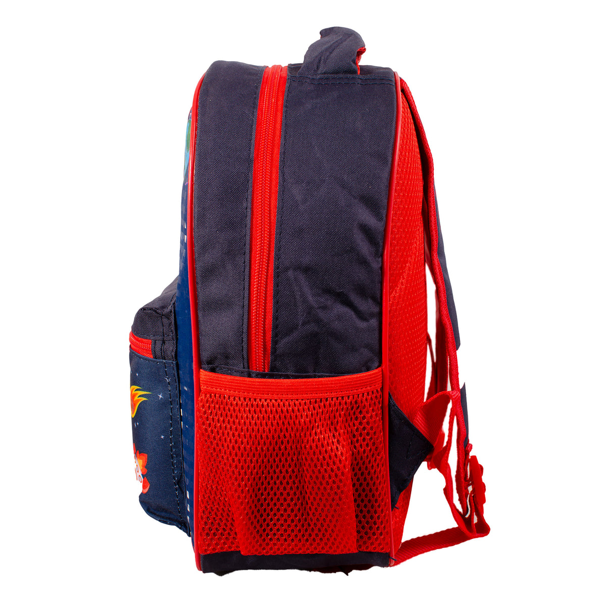 Space astronaut backpack with planets and rocket design and red padded straps