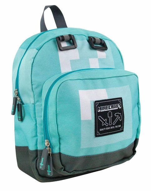 Minecraft Diamond backpack in turquoise and grey with pixel face design and front Minecraft patch.