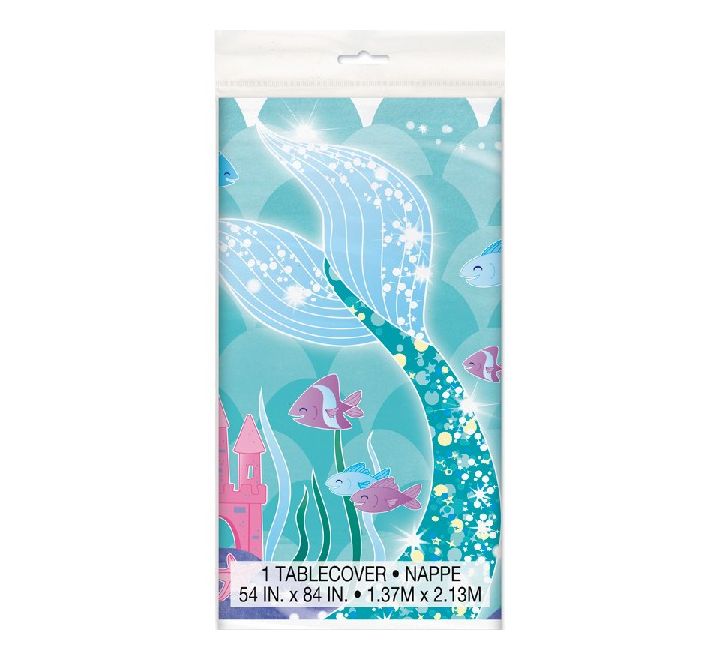“Mermaid party tablecover with mermaid tail border and ocean design”
