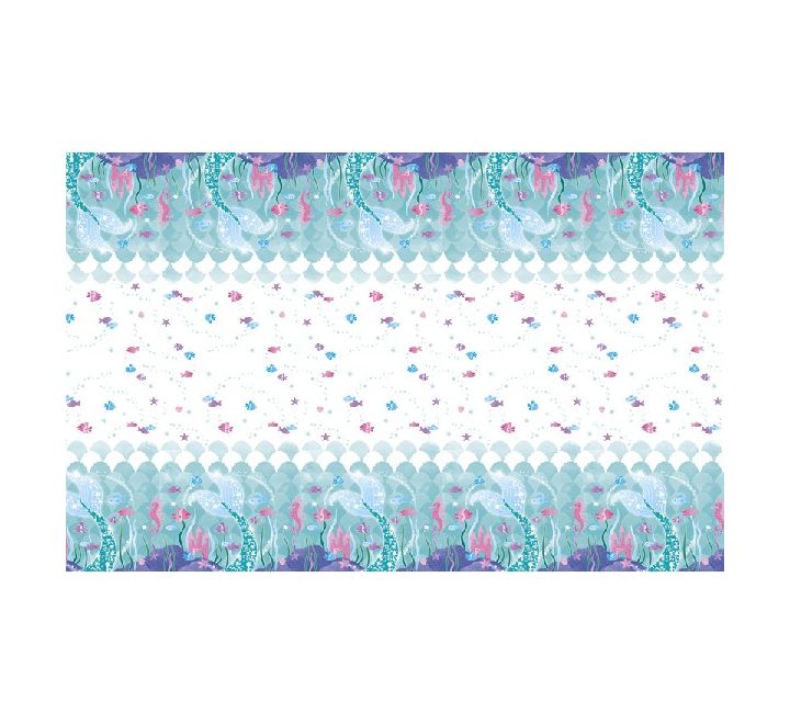 “Mermaid party tablecover with mermaid tail border and ocean design”