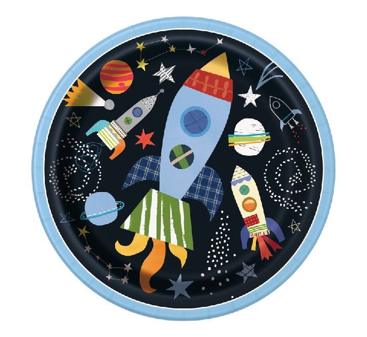 Rocket ship space-themed paper plate with planets and stars
