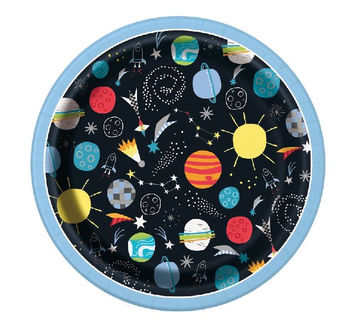 “Round space-themed paper plate with planets, rockets, stars, and comet