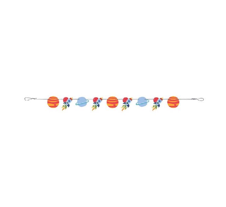 Space-themed garland with planets and rocket ship decorations