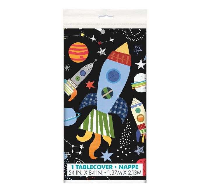 Space-themed plastic tablecover featuring colourful rockets, planets, stars, and a galaxy background – 54 x 84 inches