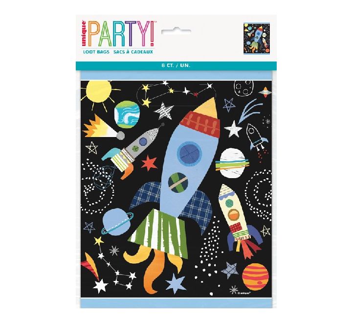 Colourful outer-space themed party loot bags featuring rockets, planets, stars and galaxies – 8 pack by Unique Party