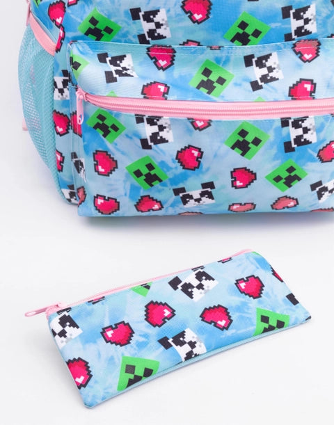 Children’s official Minecraft backpack set featuring Creeper and pixel heart graphics in blue and pink