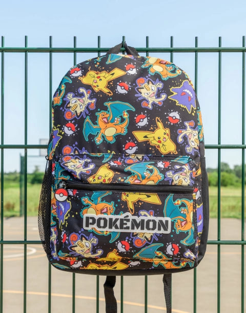 Black Pokémon kids backpack with colourful all-over print featuring Pikachu, Charizard, Gengar, Meowth and Poké Balls.