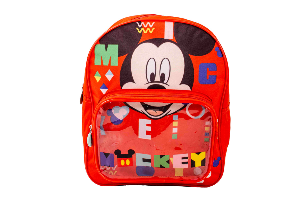 Red Disney Mickey Mouse kids backpack with front pocket, adjustable straps, and colourful character design.
