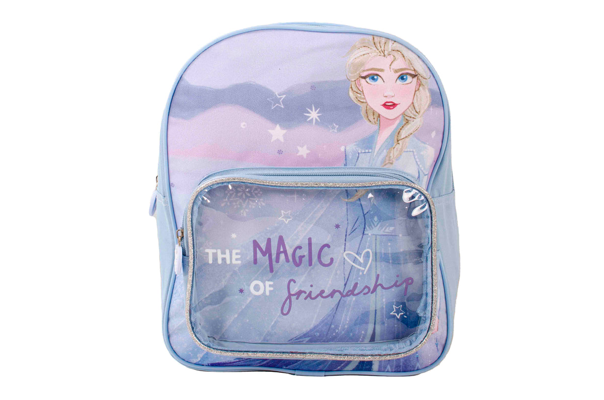 Disney Frozen Elsa kids backpack in light blue with front pocket reading “The Magic of Friendship” and purple adjustable straps.
