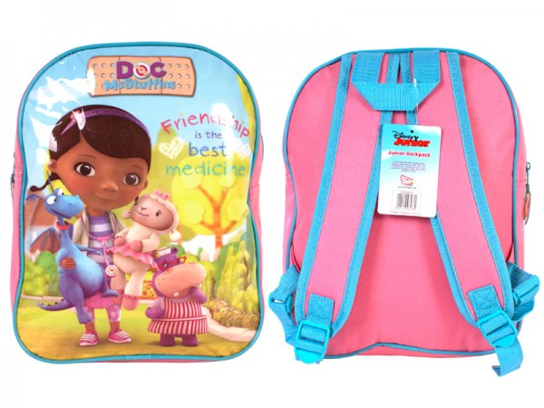 Pink and blue Disney Doc McStuffins junior kids backpack featuring Doc McStuffins and her friends