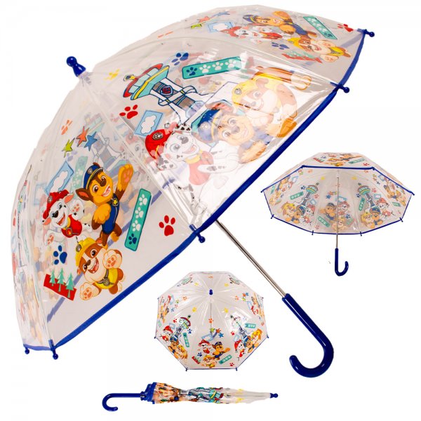 Transparent Paw Patrol kids umbrella with Chase, Marshall and Rubble characters, blue curved handle and dome-shaped canopy, shown open and folded on white background ☔🐾