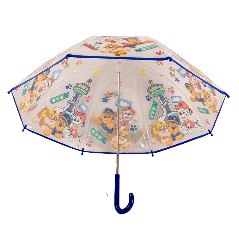 Transparent Paw Patrol kids umbrella with Chase, Marshall and Rubble characters, blue curved handle and dome-shaped canopy, shown open and folded on white background ☔🐾