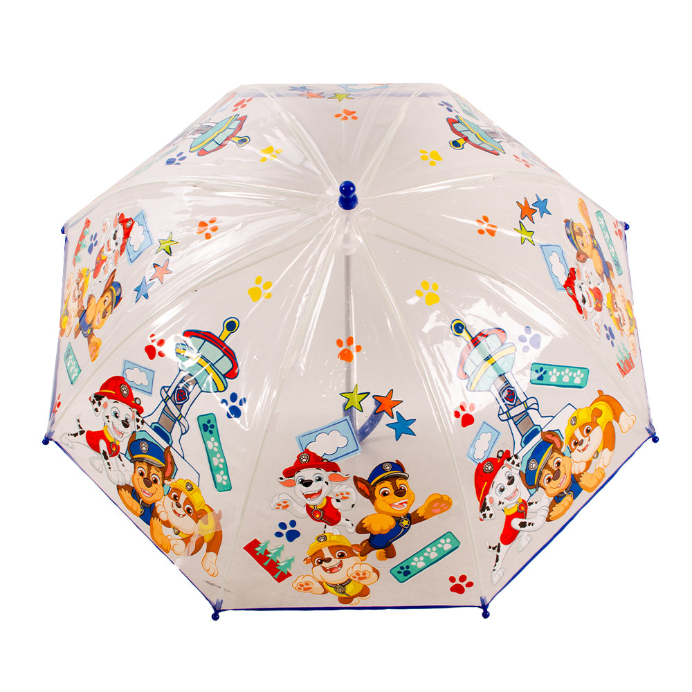 Transparent Paw Patrol kids umbrella with Chase, Marshall and Rubble characters, blue curved handle and dome-shaped canopy, shown open and folded on white background ☔🐾