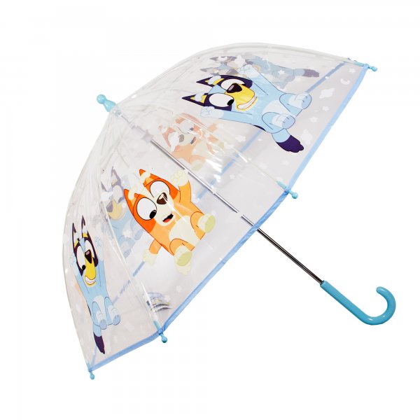 Clear Bluey umbrella with Bluey and Bingo character design and blue handle