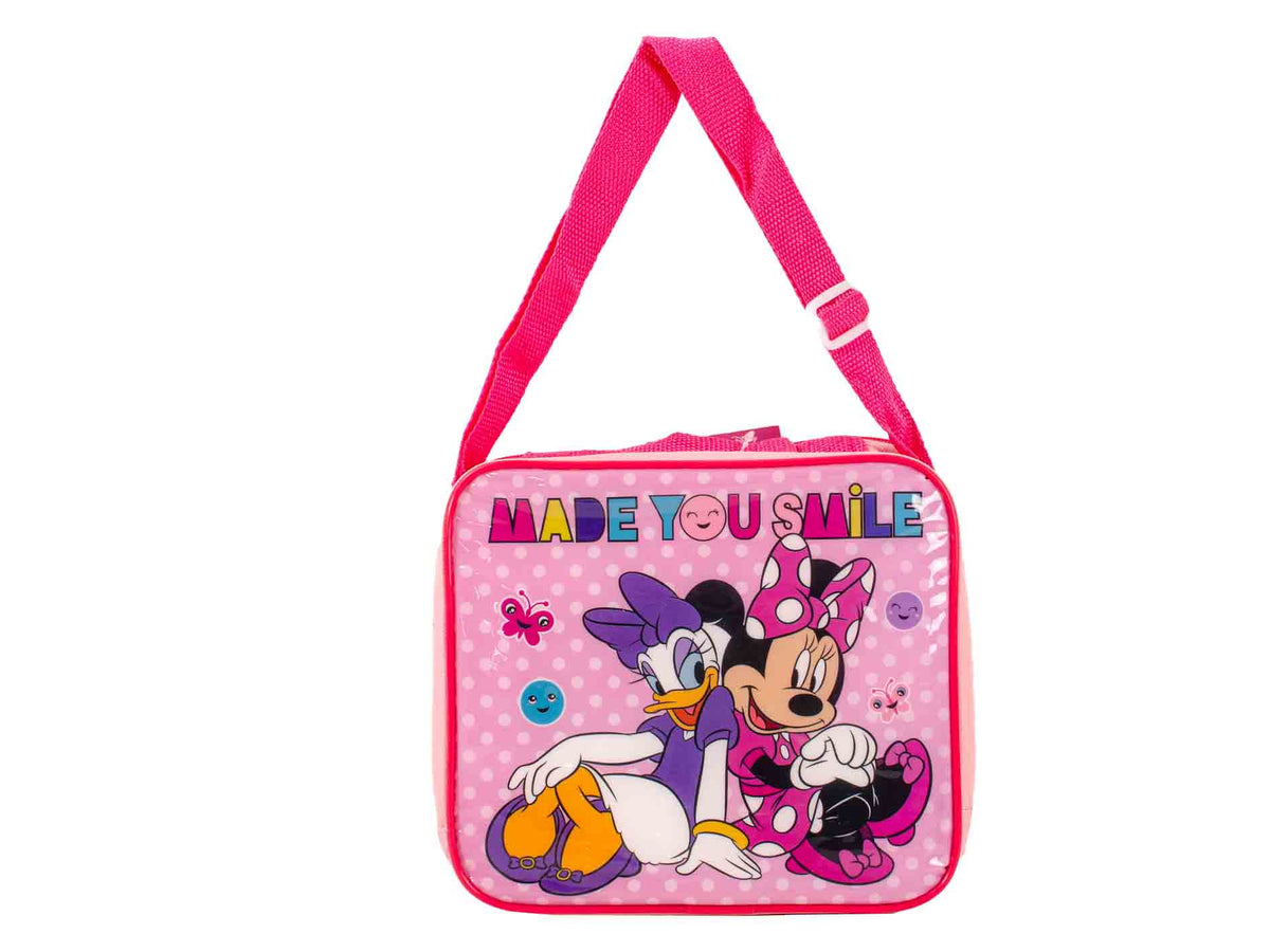 Disney Minnie Mouse 3-piece lunch set with pink lunch bag, lunchbox, and water bottle featuring Minnie and Daisy.
