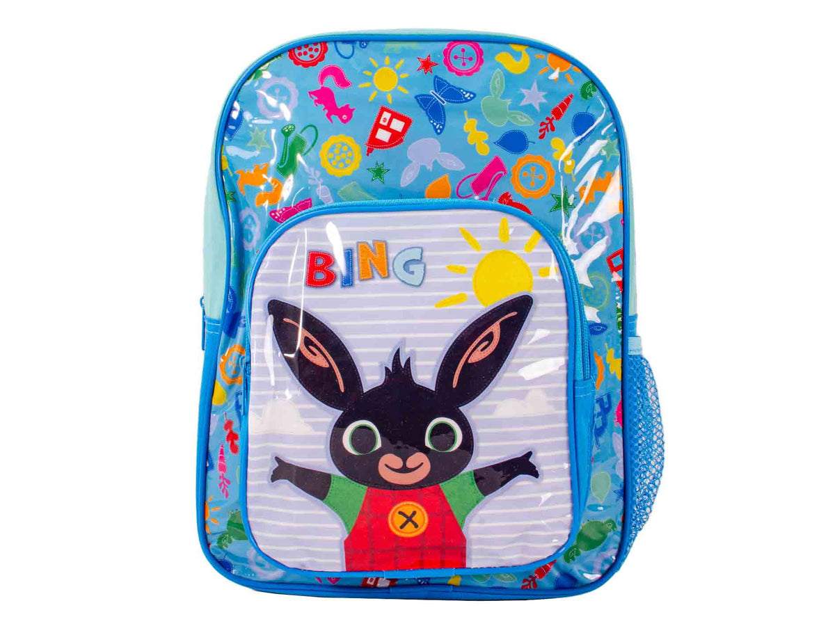 Blue Bing Bunny kids backpack with colourful graphics, front pocket, side mesh pockets, and adjustable straps.
