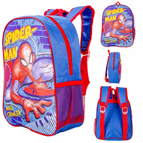 Spider-Man blue kids backpack with padded straps and side mesh pocket

