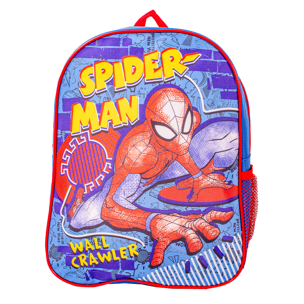 Spider-Man blue kids backpack with padded straps and side mesh pocket
