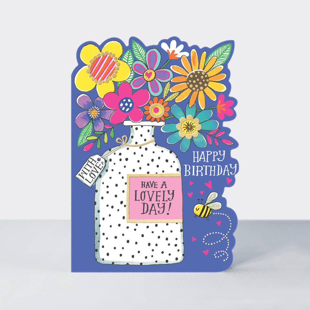 Happy Birthday – Have a Lovely Day” Greeting Card – Bright Floral Vase Design