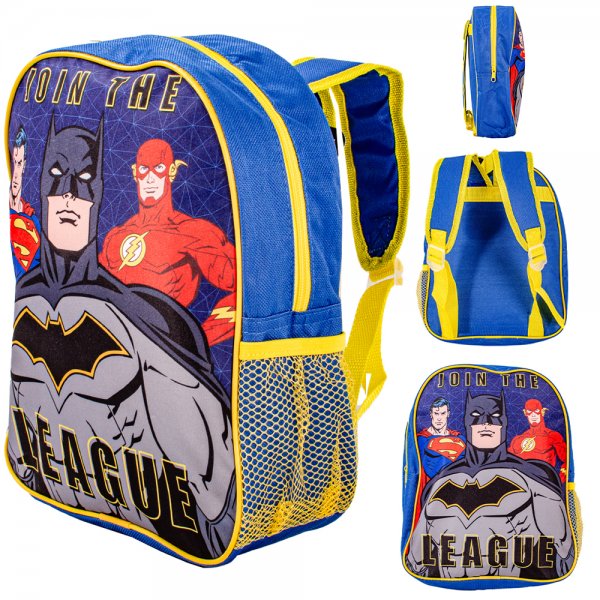 Blue and yellow Justice League backpack with Batman, Superman and Flash character design