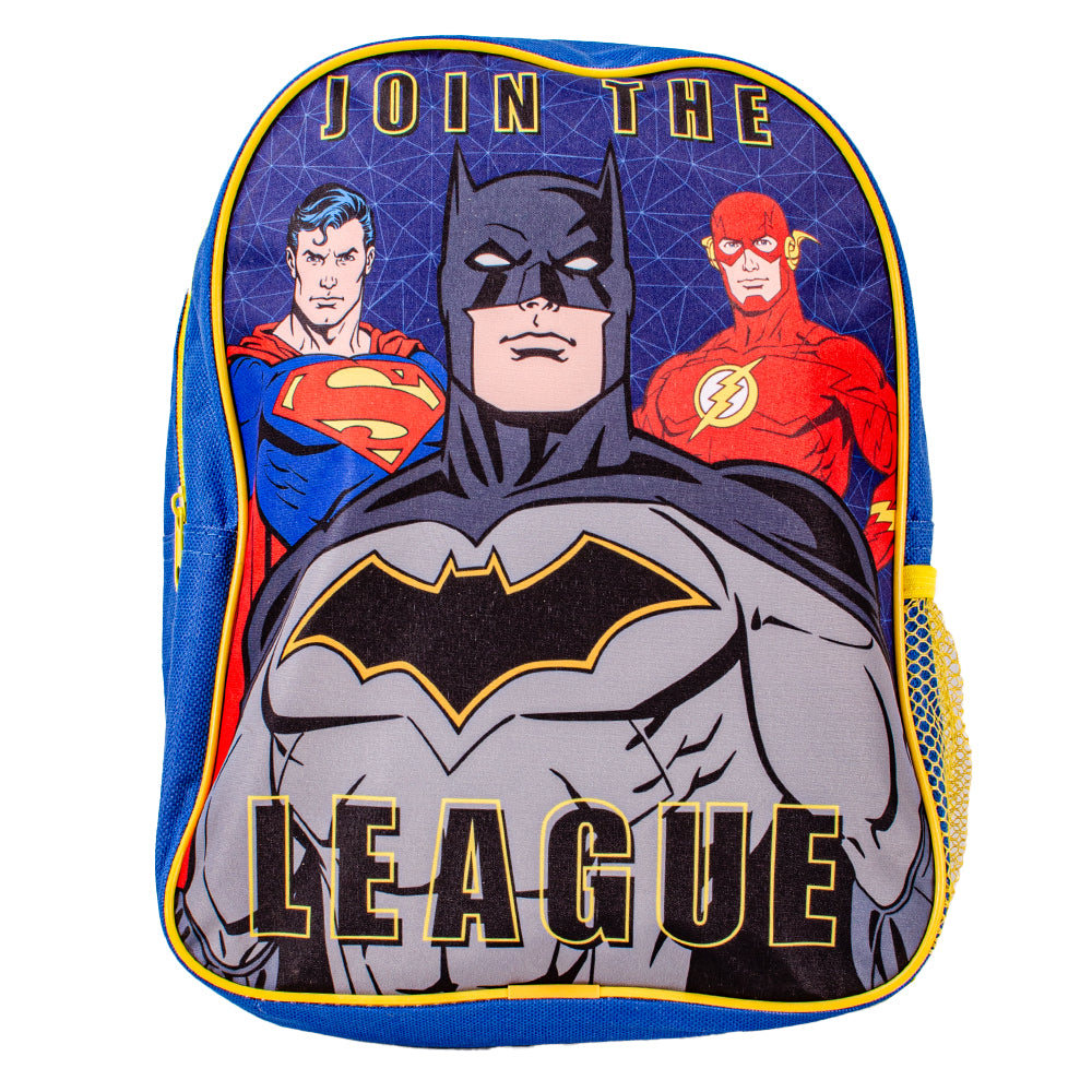 Blue and yellow Justice League backpack with Batman, Superman and Flash character design