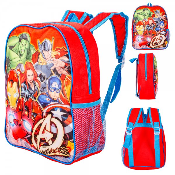 Avengers red kids backpack with padded straps and side mesh pocket
