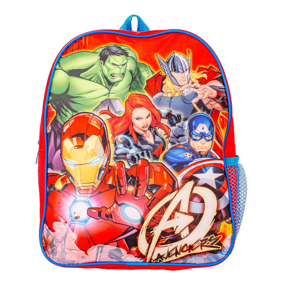 Avengers red kids backpack with padded straps and side mesh pocket
