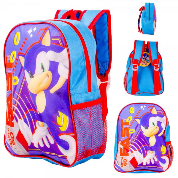 Blue and red Sonic the Hedgehog backpack with front pocket and mesh side bottle holder featuring Sonic design
