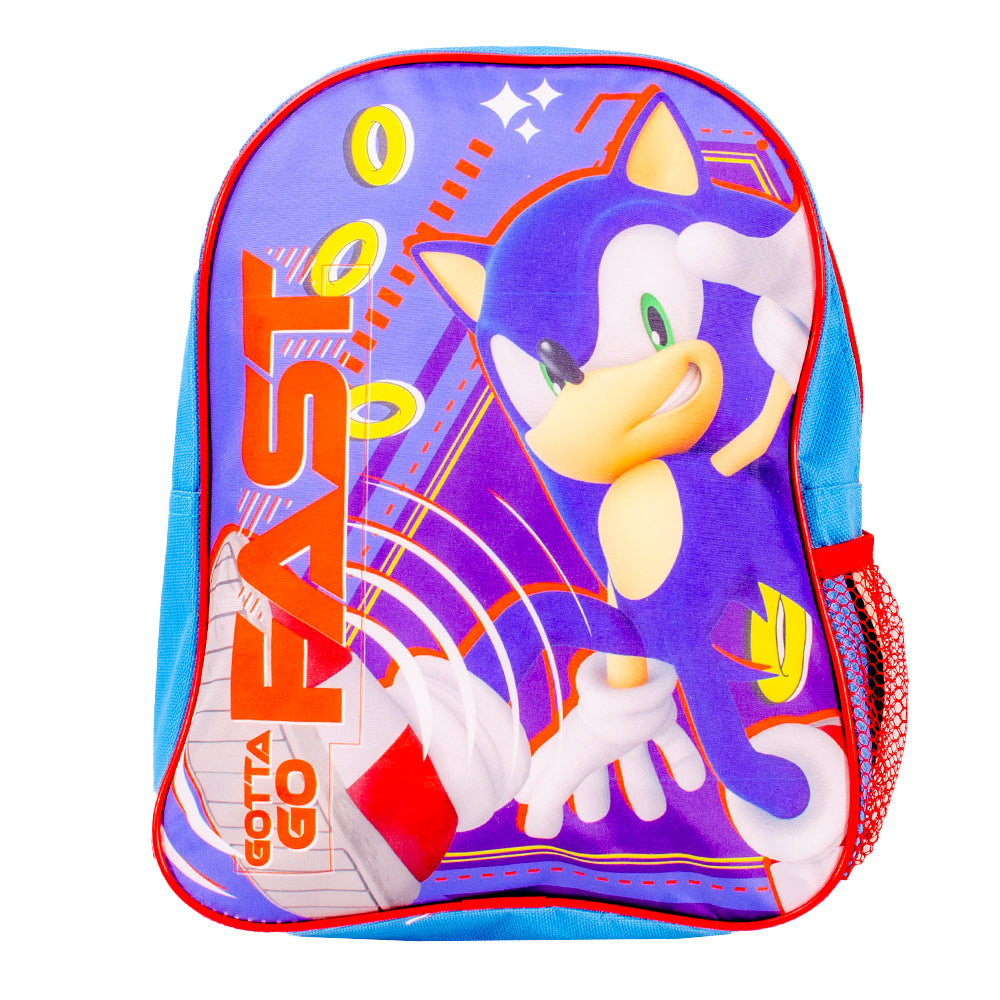 Blue and red Sonic the Hedgehog backpack with front pocket and mesh side bottle holder featuring Sonic design