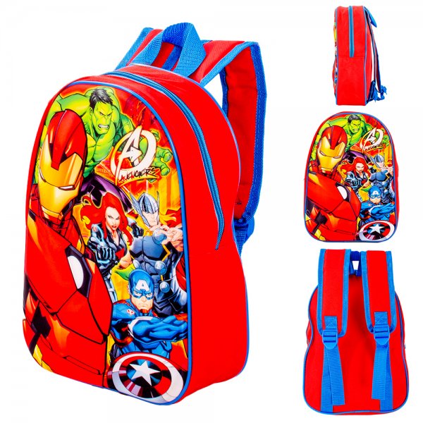 Red Avengers backpack featuring Iron Man, Hulk, Captain America, Thor and Black Widow, shown from front, side and back angles