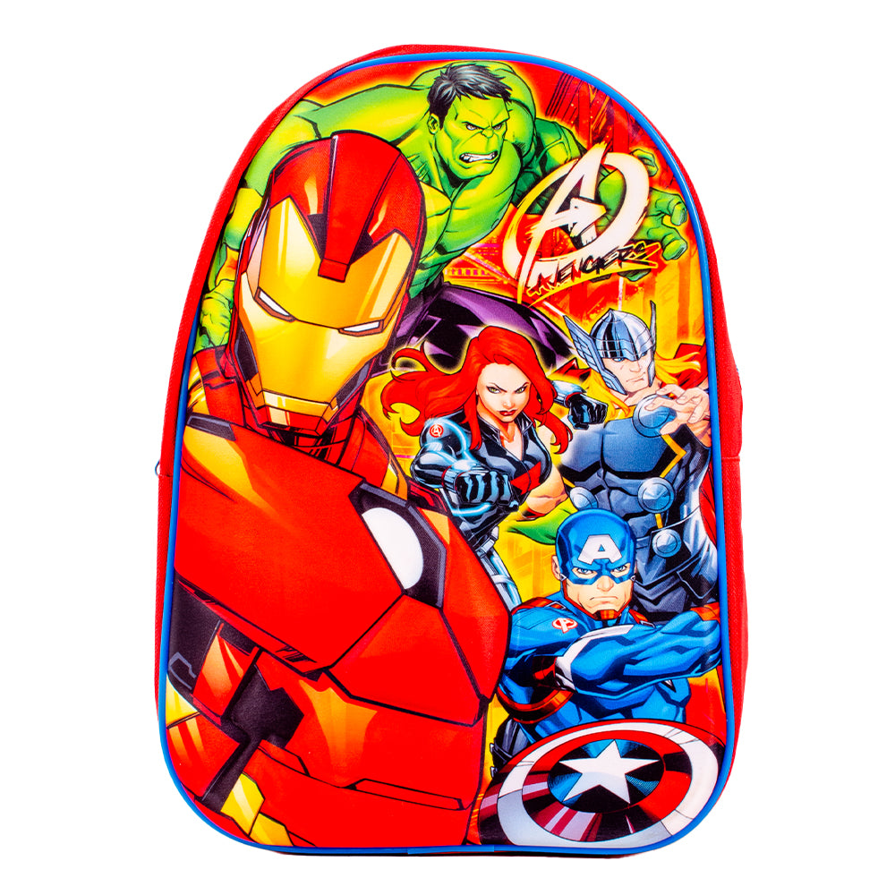 Red Avengers backpack featuring Iron Man, Hulk, Captain America, Thor and Black Widow, shown from front, side and back angles