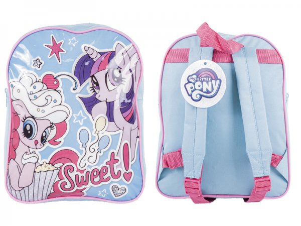 Pastel blue and pink My Little Pony Sweet girls backpack featuring colourful pony characters
