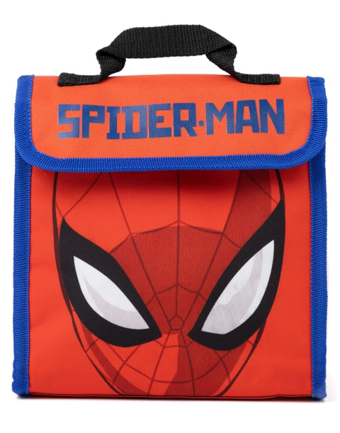 Marvel Spider-Man kids 4-piece backpack set featuring large red Spider-Man face backpack, matching lunch bag, water bottle, and pencil case