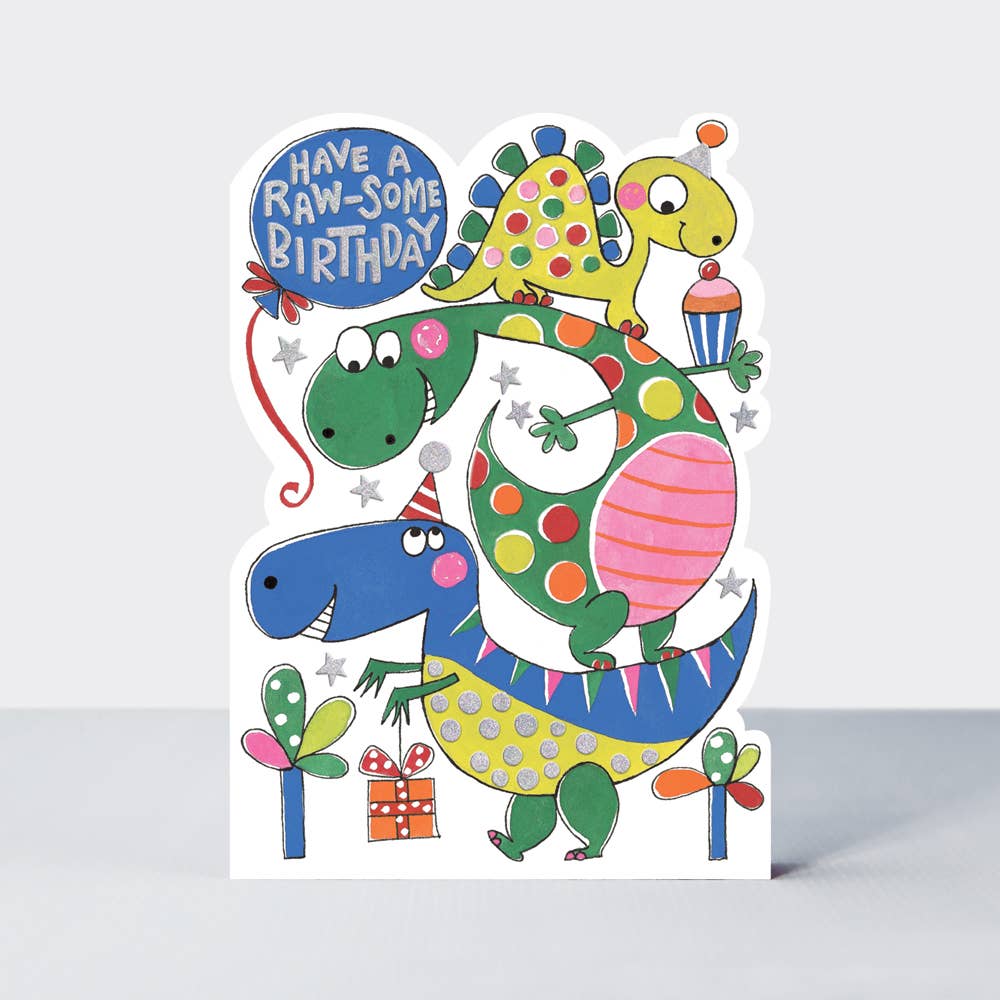 Dinosaur “Have a Raw-some Birthday” Card – Fun & Colourful Design