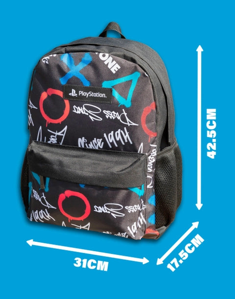 Black PlayStation backpack with colourful controller button symbols (X, O, △, □) and graffiti-style graphics